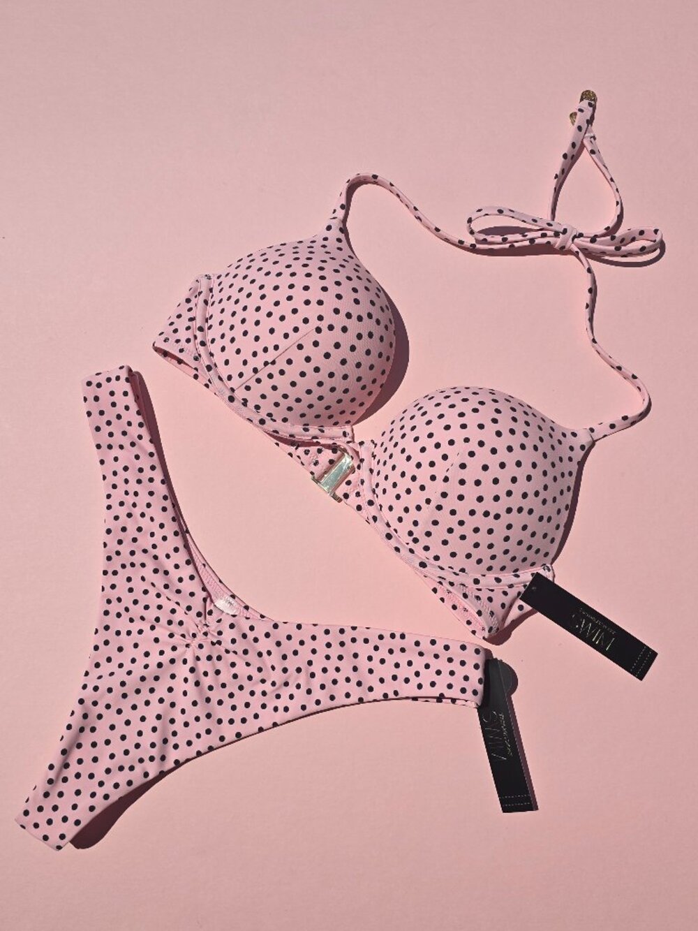 Victoria's Secret Swim Bombshell Add 2 cups Push-up Set Pink Black dots Thong